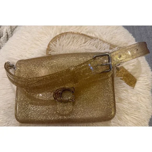Coach Gold Glitter Jelly Crossbody Bag With Adjustable Strap & "C" Buckle Accent - Picture 9 of 14